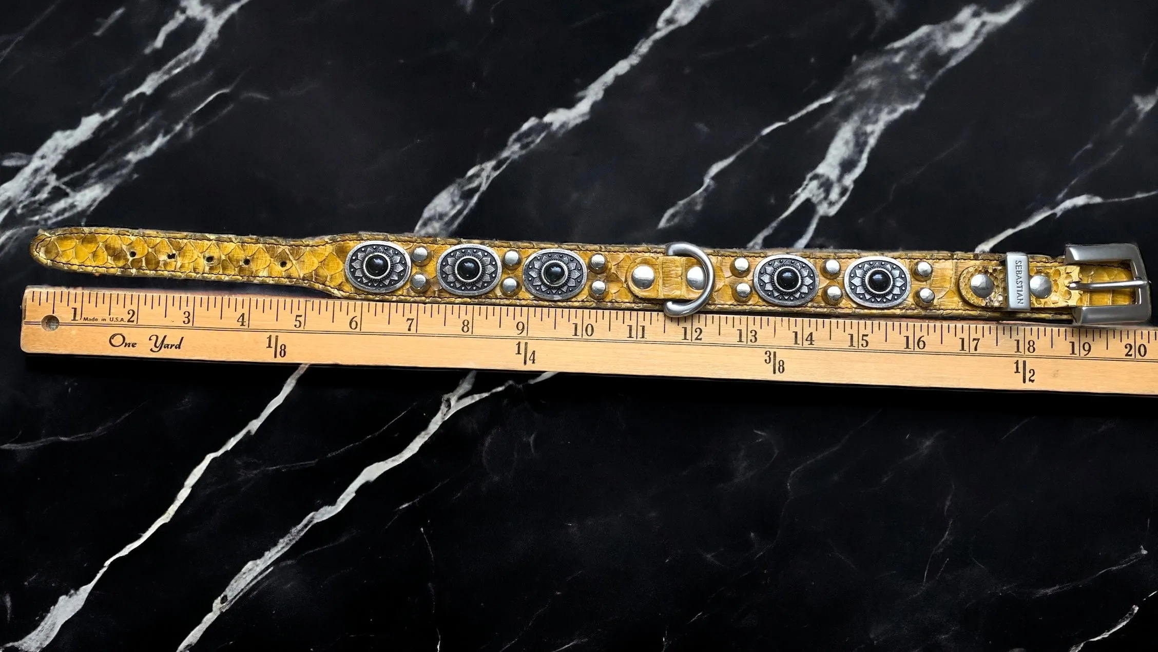 20” Black Leather Dog Collar With Yellow Snakeskin  Silver Conchos