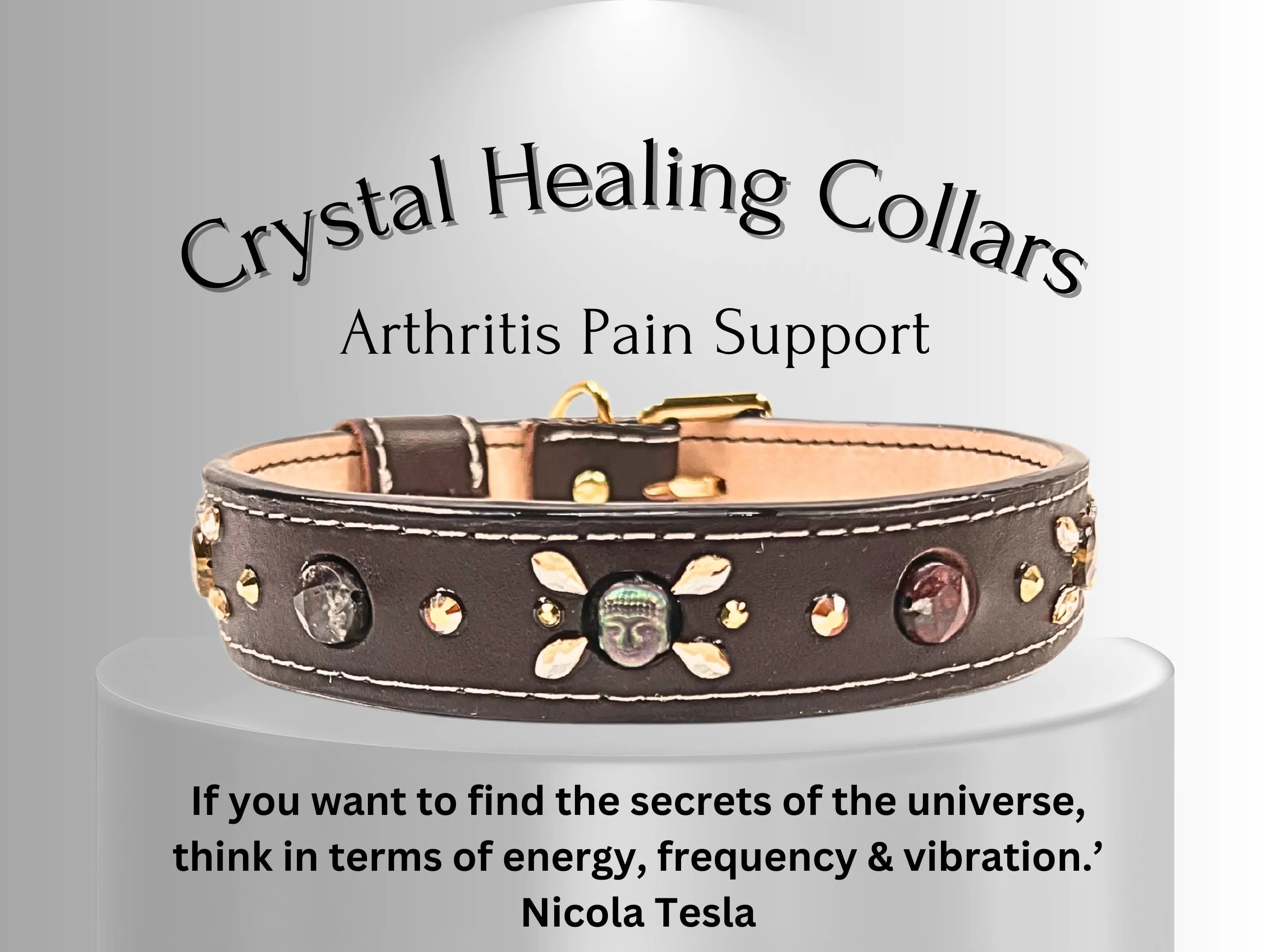 Arthritis & Pain Support - Healing Crystal Collar - Brown Vachetta w/ White Stitching PA102