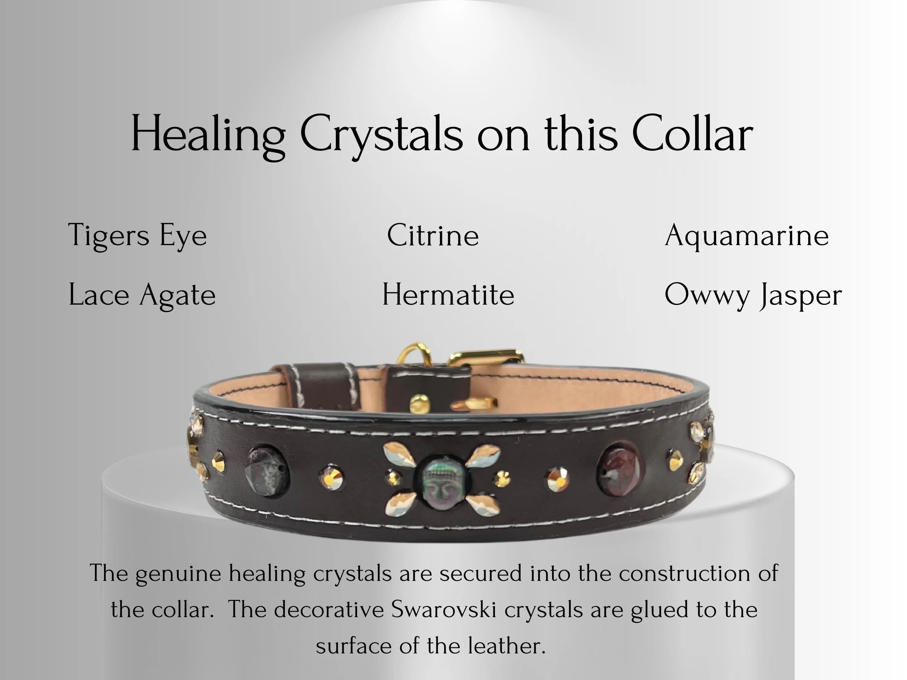 Arthritis & Pain Support - Healing Crystal Collar - Brown Vachetta w/ White Stitching PA102