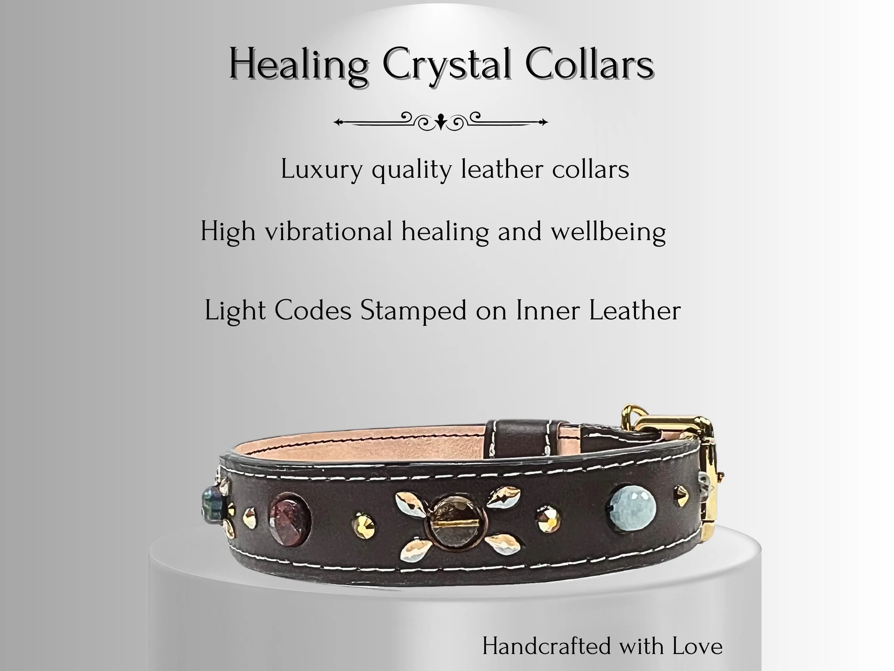 Arthritis & Pain Support - Healing Crystal Collar - Brown Vachetta w/ White Stitching PA102