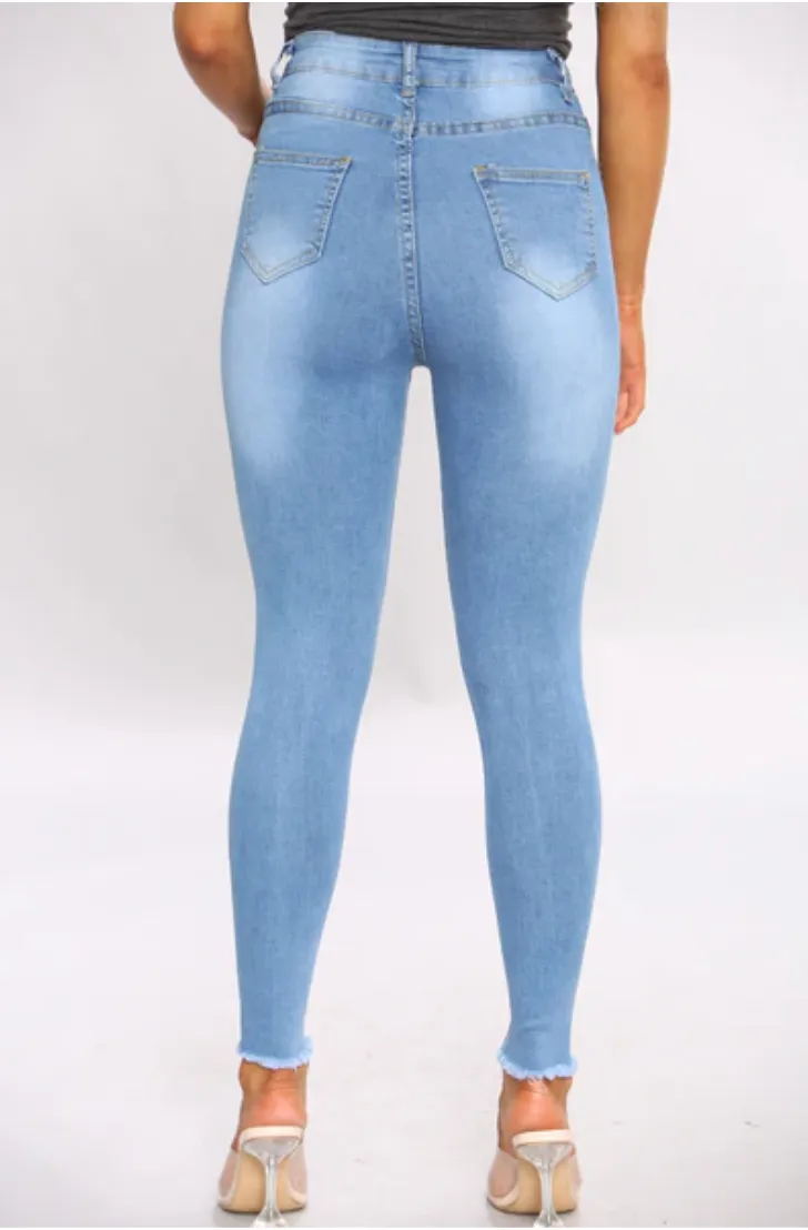 ‘Autumn’ Blue Ripped Knee High Waisted Skinny Jeans (M)