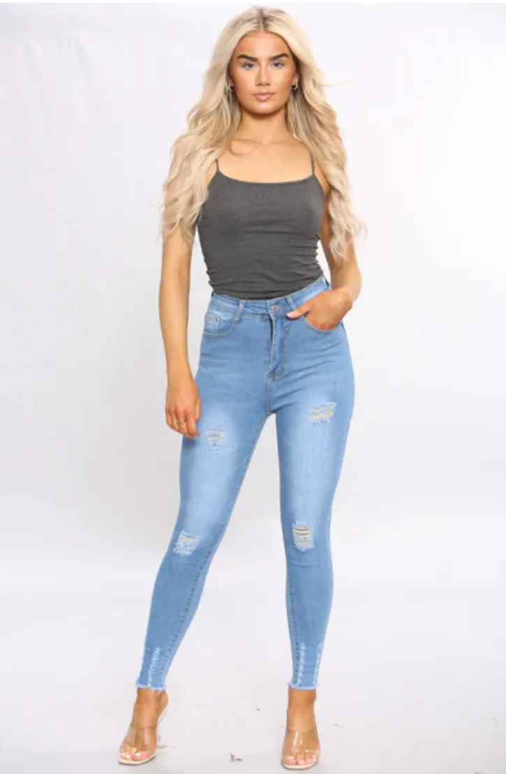‘Autumn’ Blue Ripped Knee High Waisted Skinny Jeans (M)