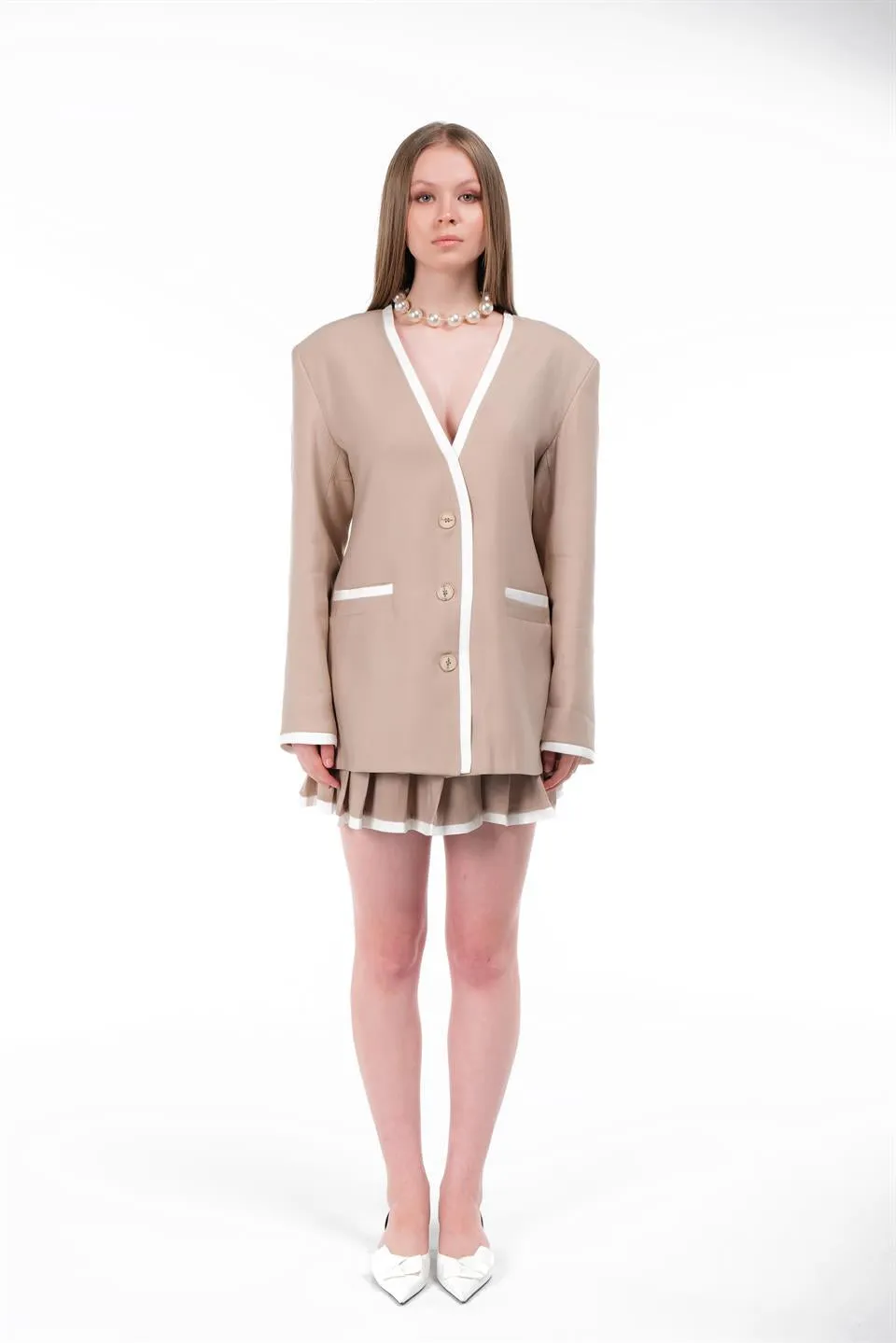 Beige Pleated Skirt Set