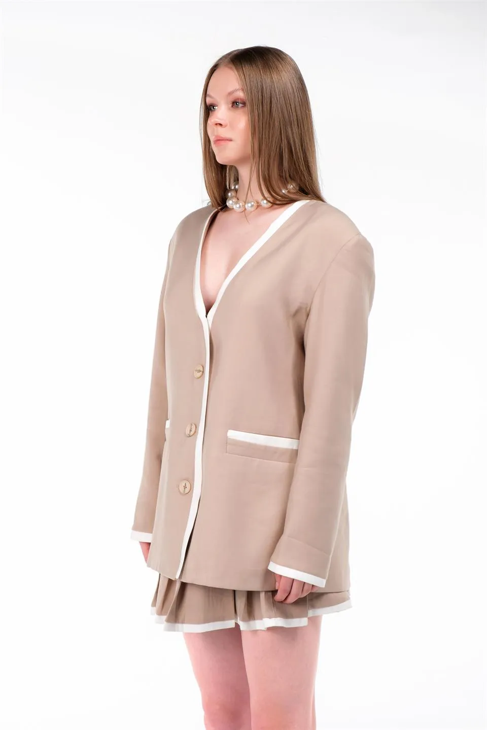 Beige Pleated Skirt Set