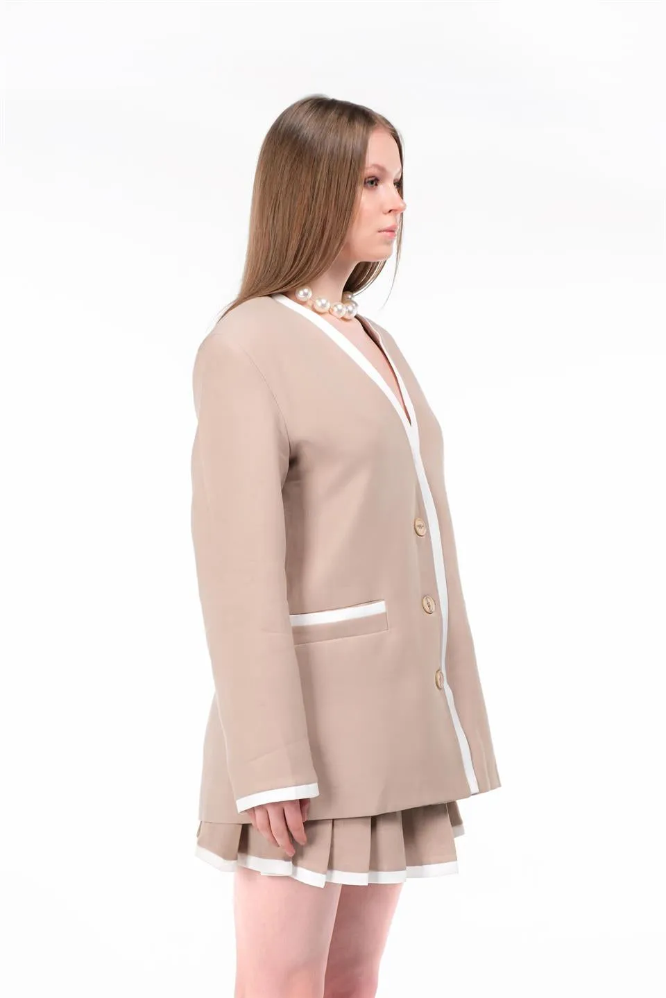 Beige Pleated Skirt Set