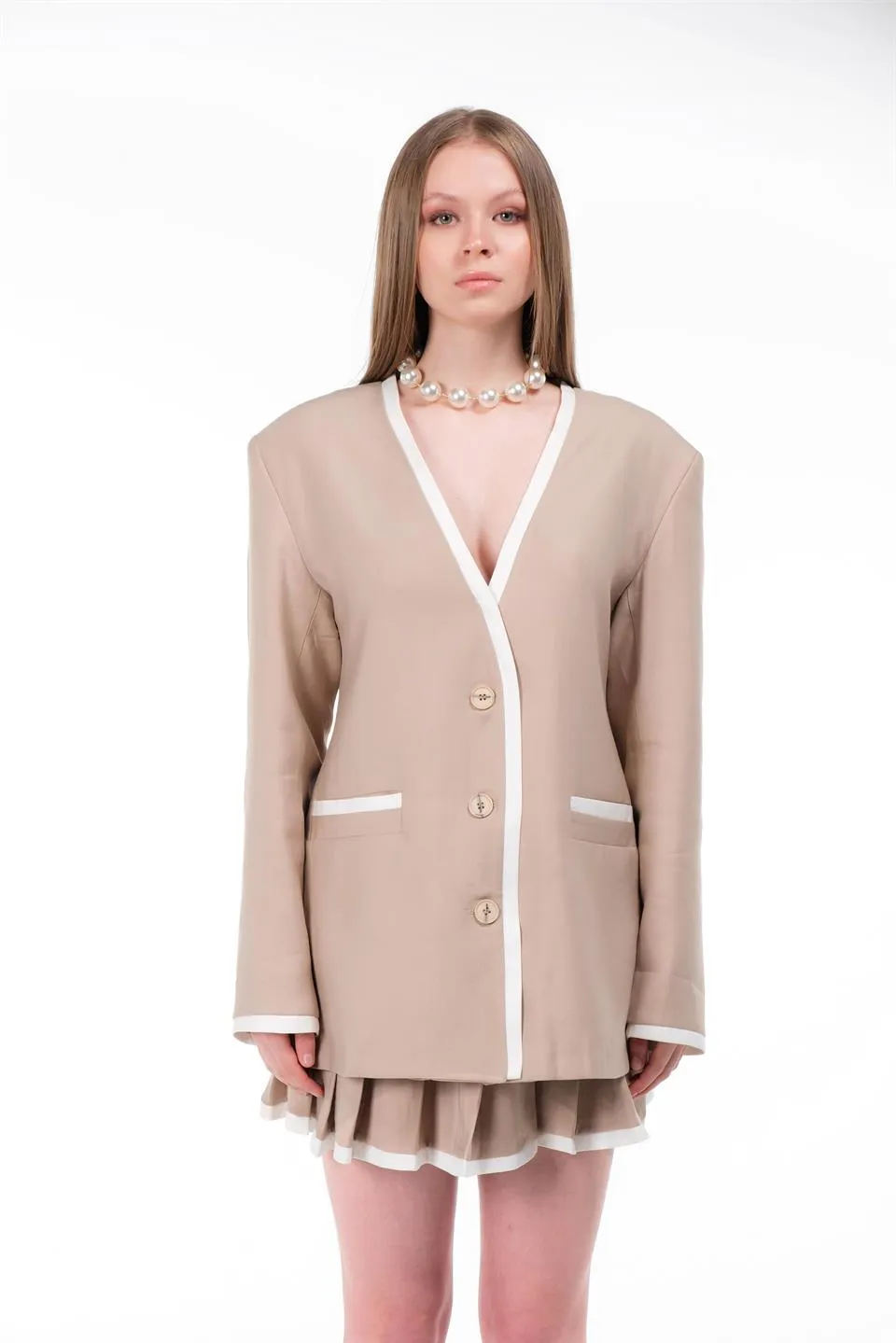 Beige Pleated Skirt Set