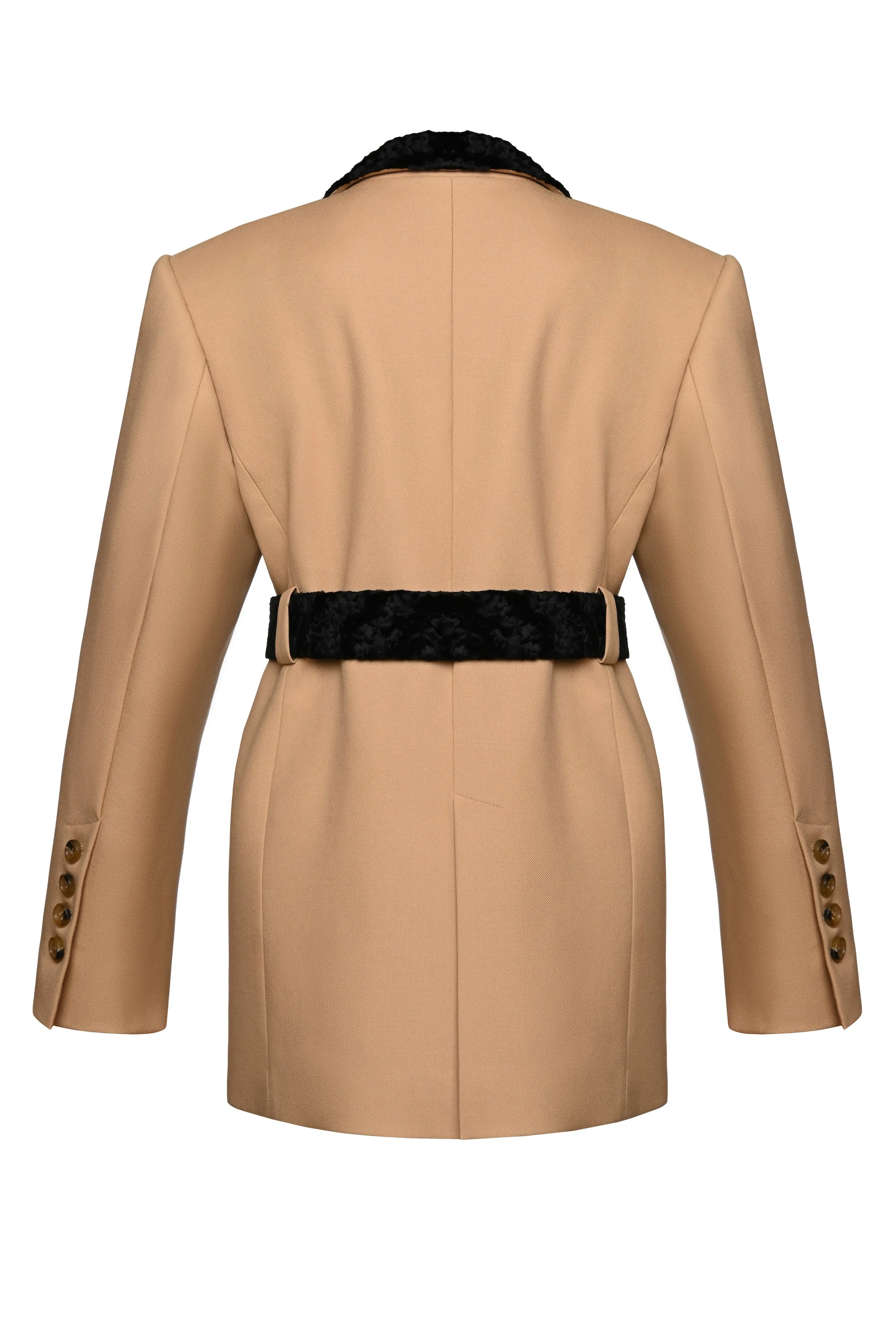 BELTED BLAZER WITH FAUX FUR COLLAR