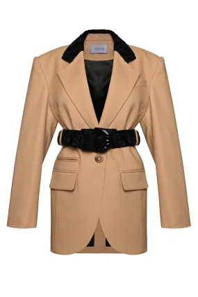 BELTED BLAZER WITH FAUX FUR COLLAR