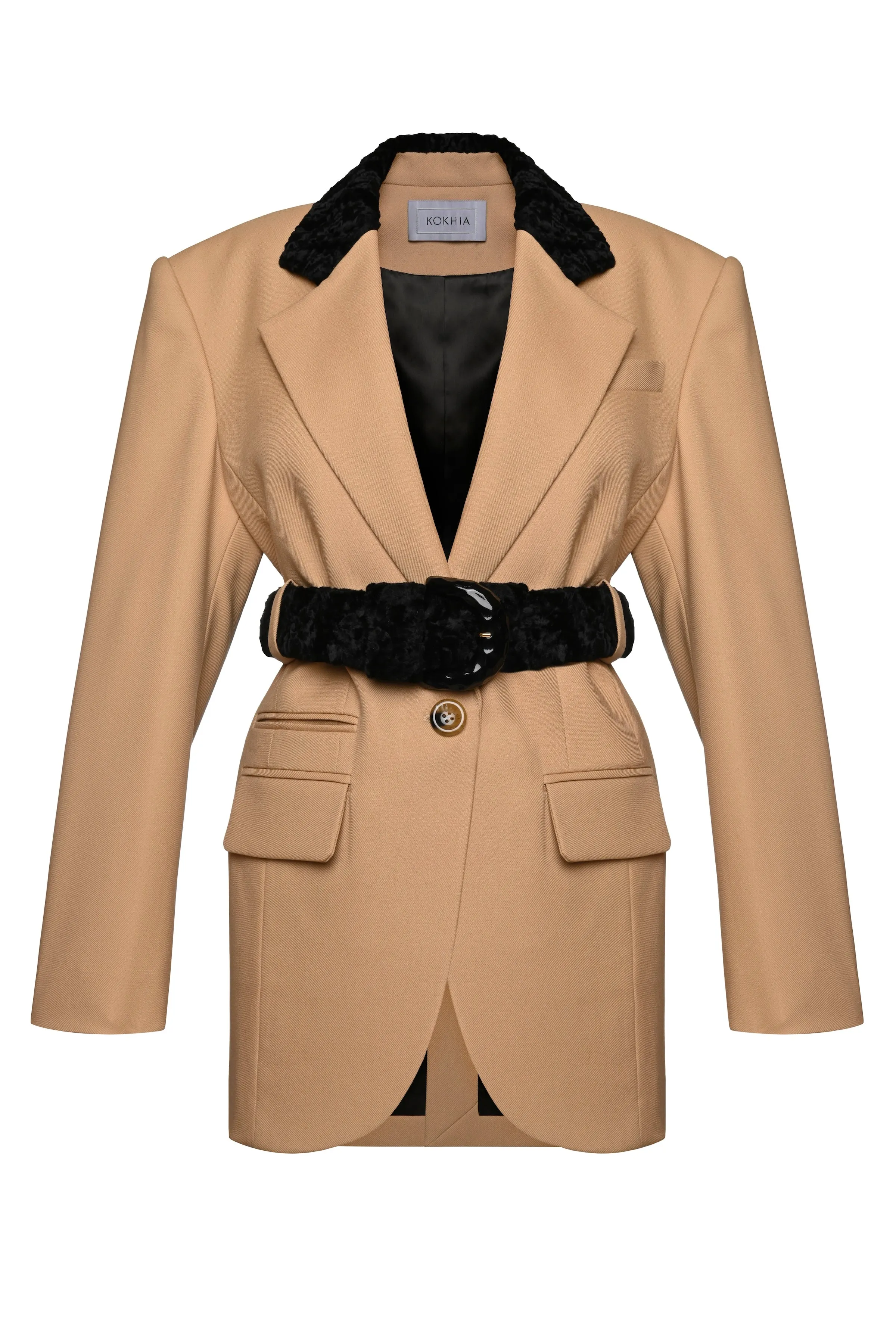 BELTED BLAZER WITH FAUX FUR COLLAR