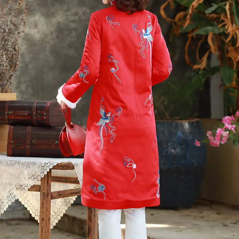 Bird & Floral Embroidery Chinese Style Long Women's Wadded Wind Coat