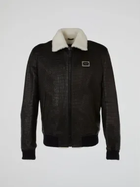 Black Fur Collar Reptilian Leather Jacket