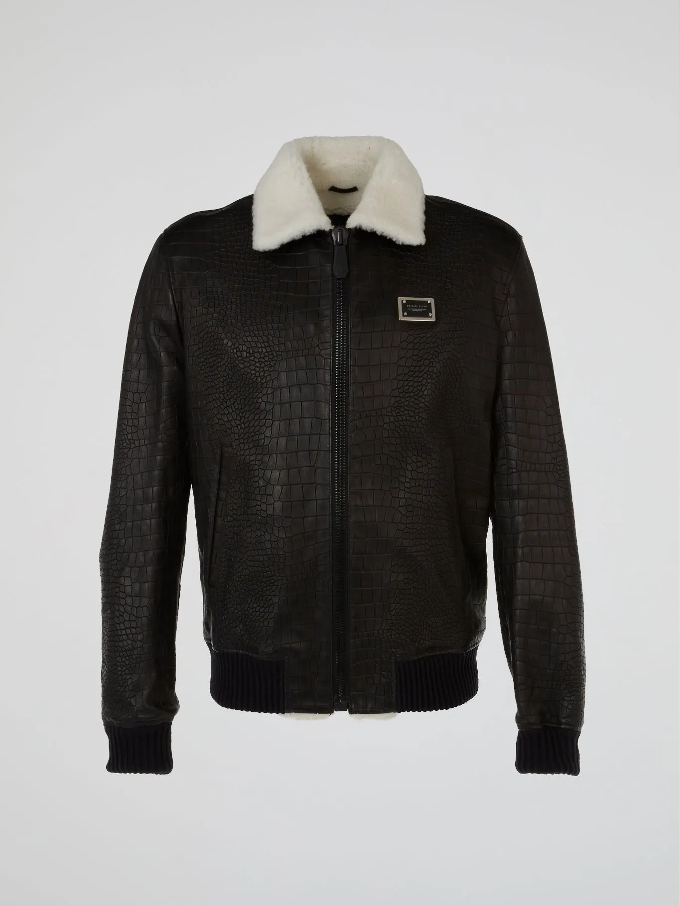 Black Fur Collar Reptilian Leather Jacket