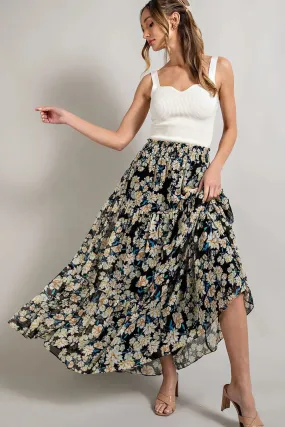 Black W/ Blue Floral Long Scrunch Waist Skirt