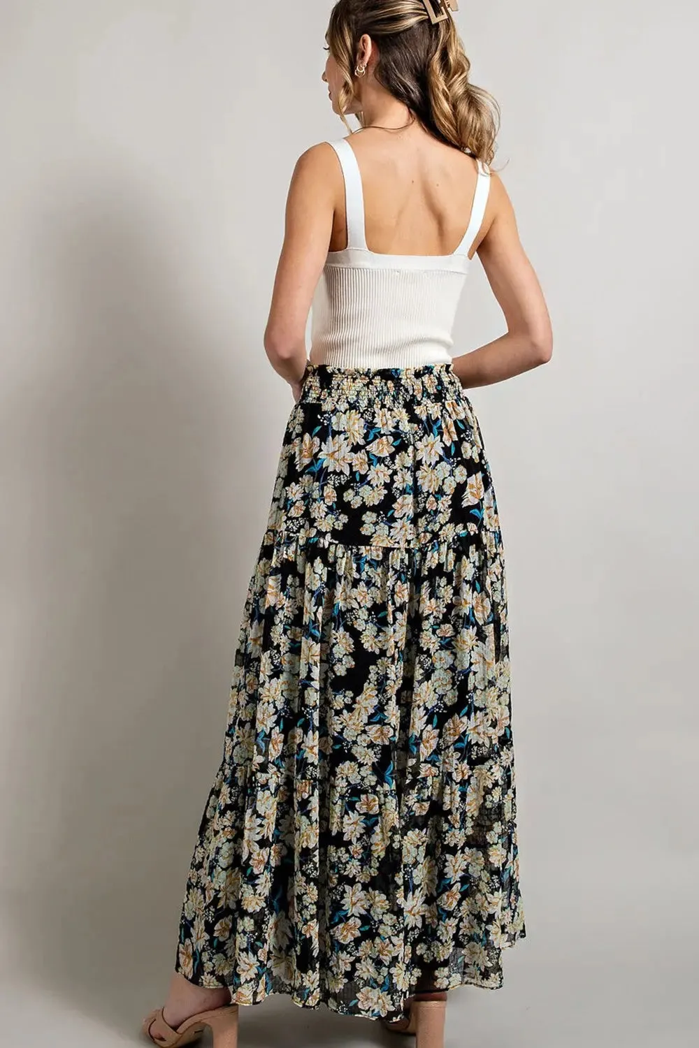 Black W/ Blue Floral Long Scrunch Waist Skirt