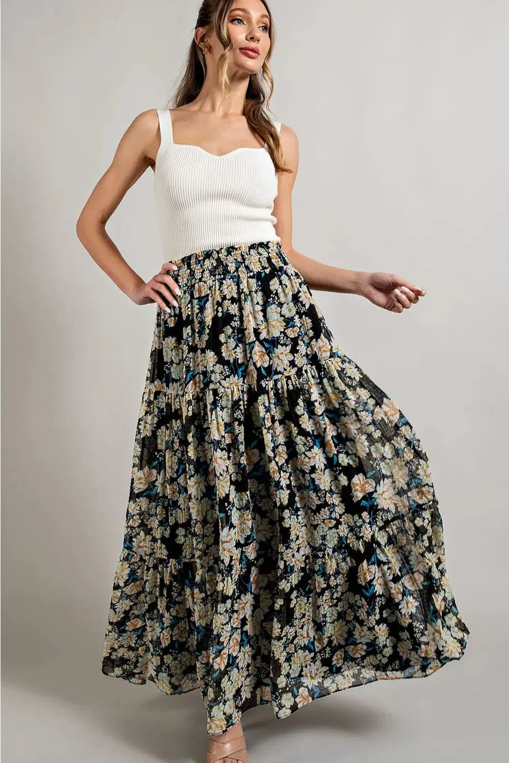 Black W/ Blue Floral Long Scrunch Waist Skirt