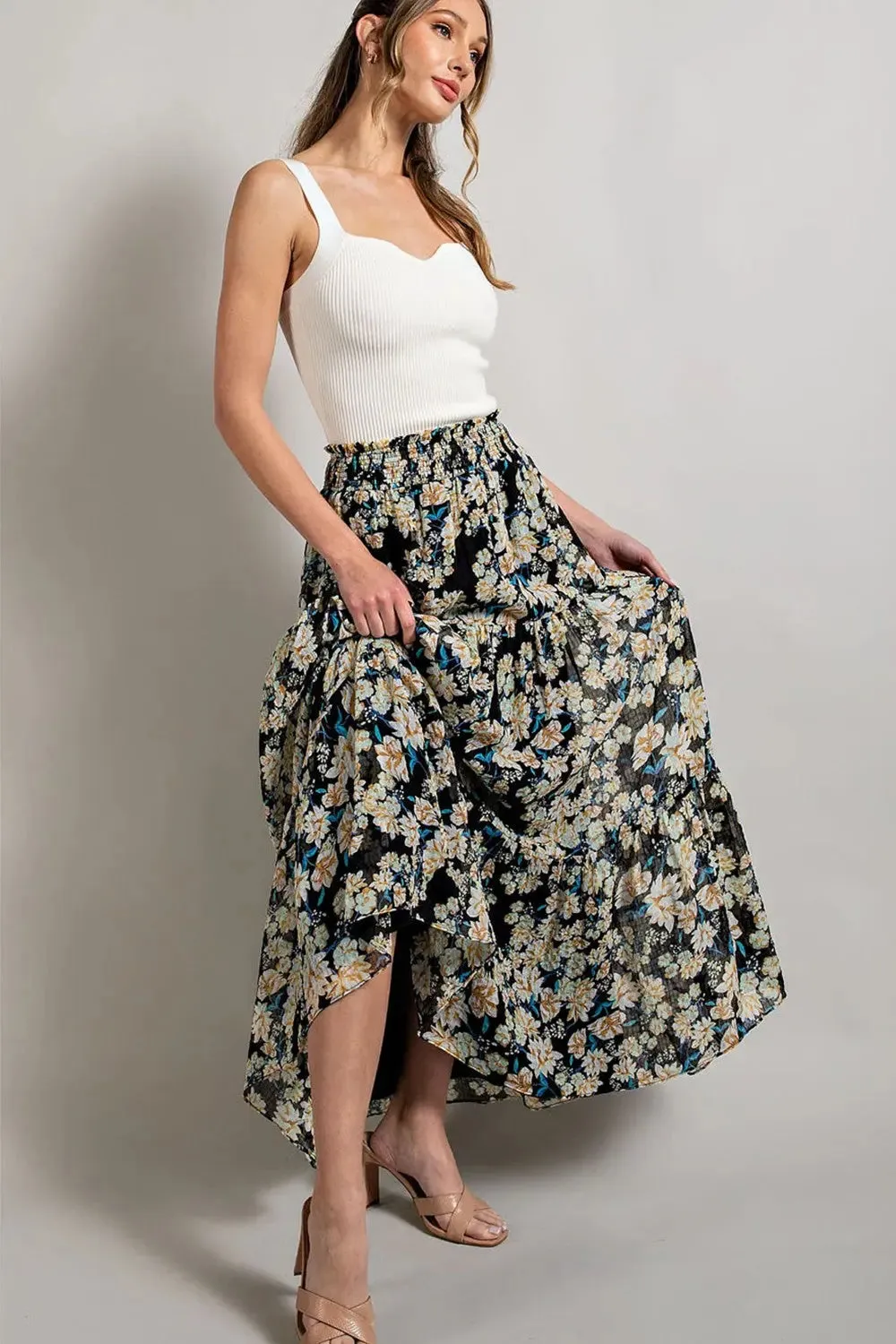 Black W/ Blue Floral Long Scrunch Waist Skirt