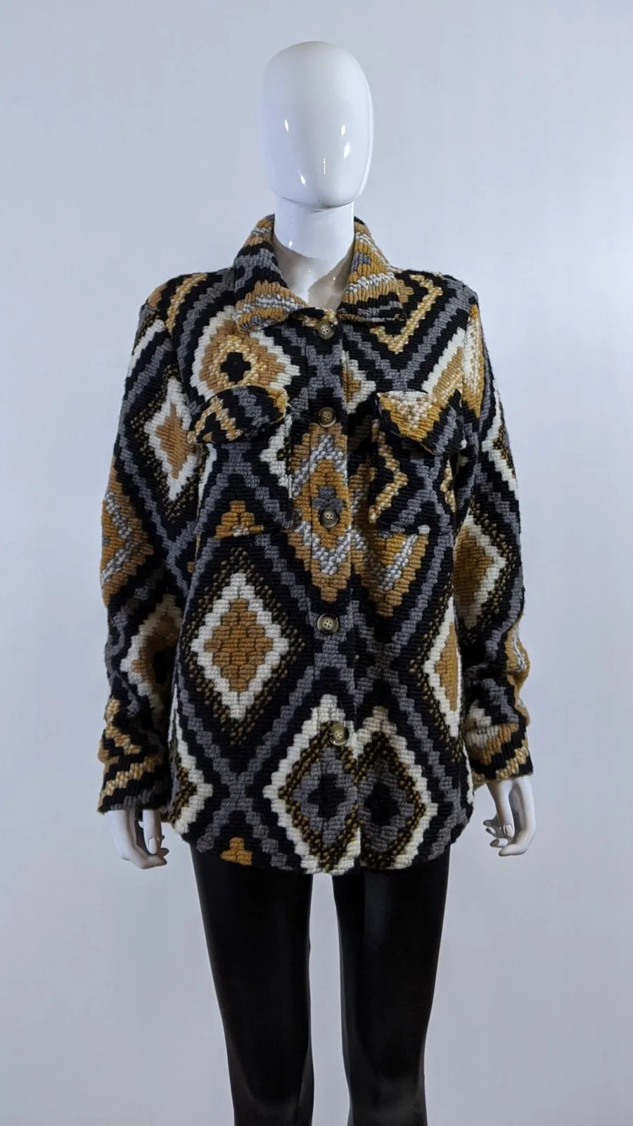 Brown Wool Blend Aztec Print Button Up Shacket
