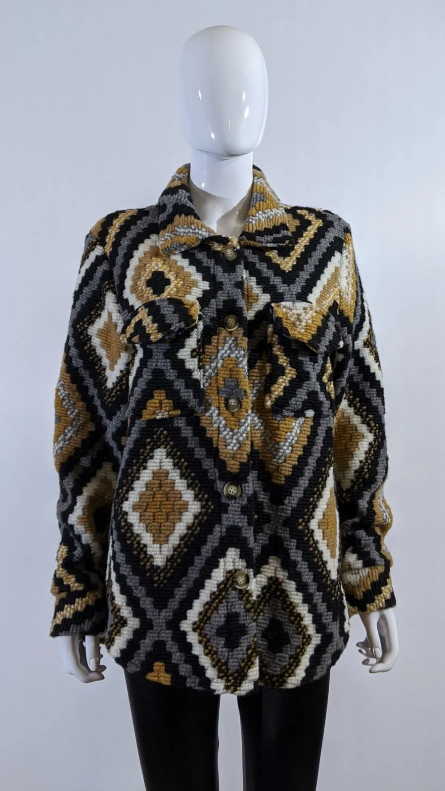 Brown Wool Blend Aztec Print Button Up Shacket