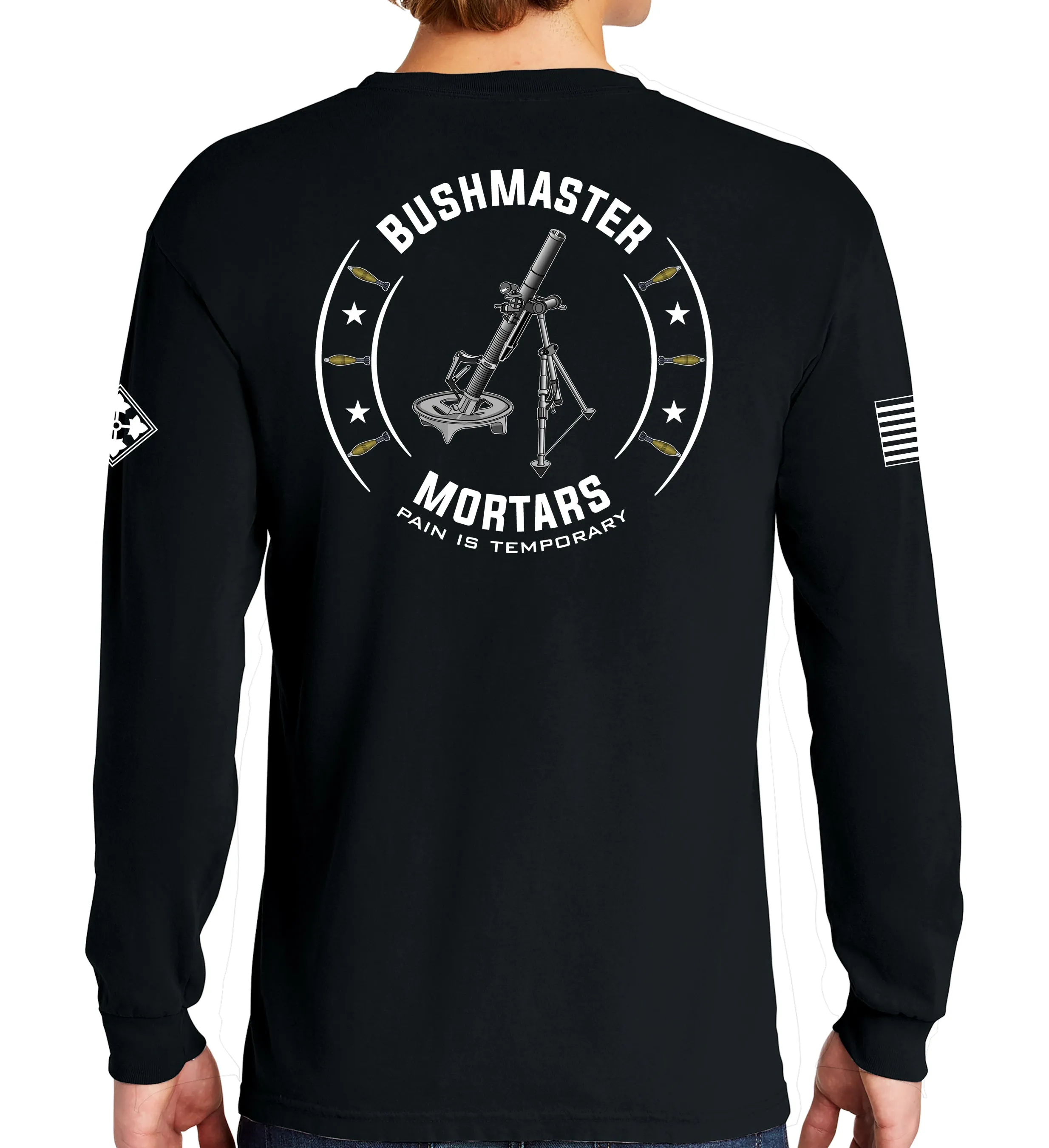 Bushmaster Mortars Long Sleeve 50-50 Blend Unisex Shirt. This shirt IS approved for PT