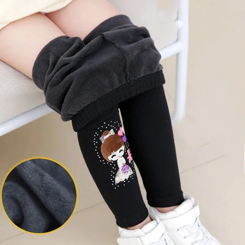 Cartoon Girl Pattern Winter Thick Warm Fleeced Pants For Girls