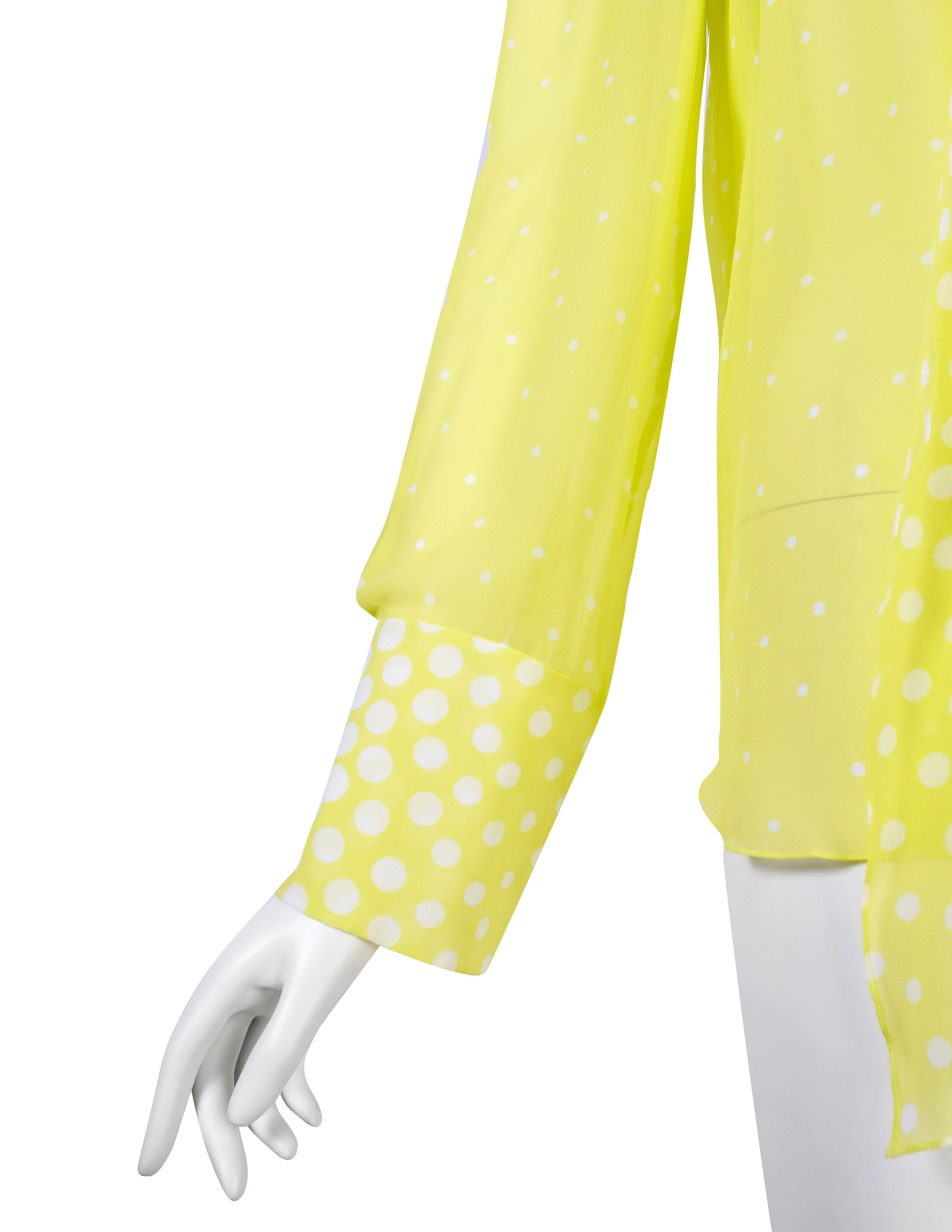 Christian Lacroix Vintage Neon Yellow-Green Polka Dot Silk Georgette Lavaliere Shirt