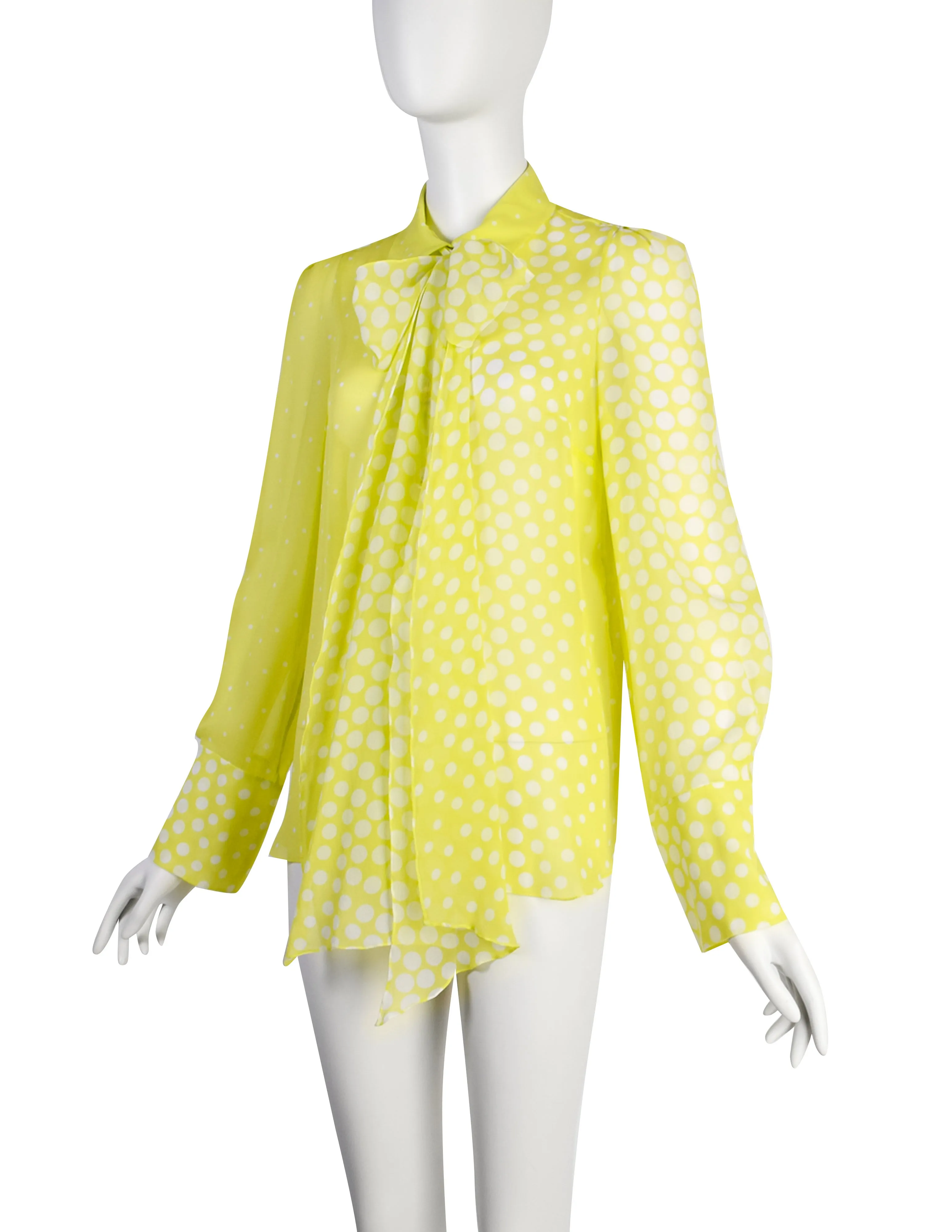 Christian Lacroix Vintage Neon Yellow-Green Polka Dot Silk Georgette Lavaliere Shirt