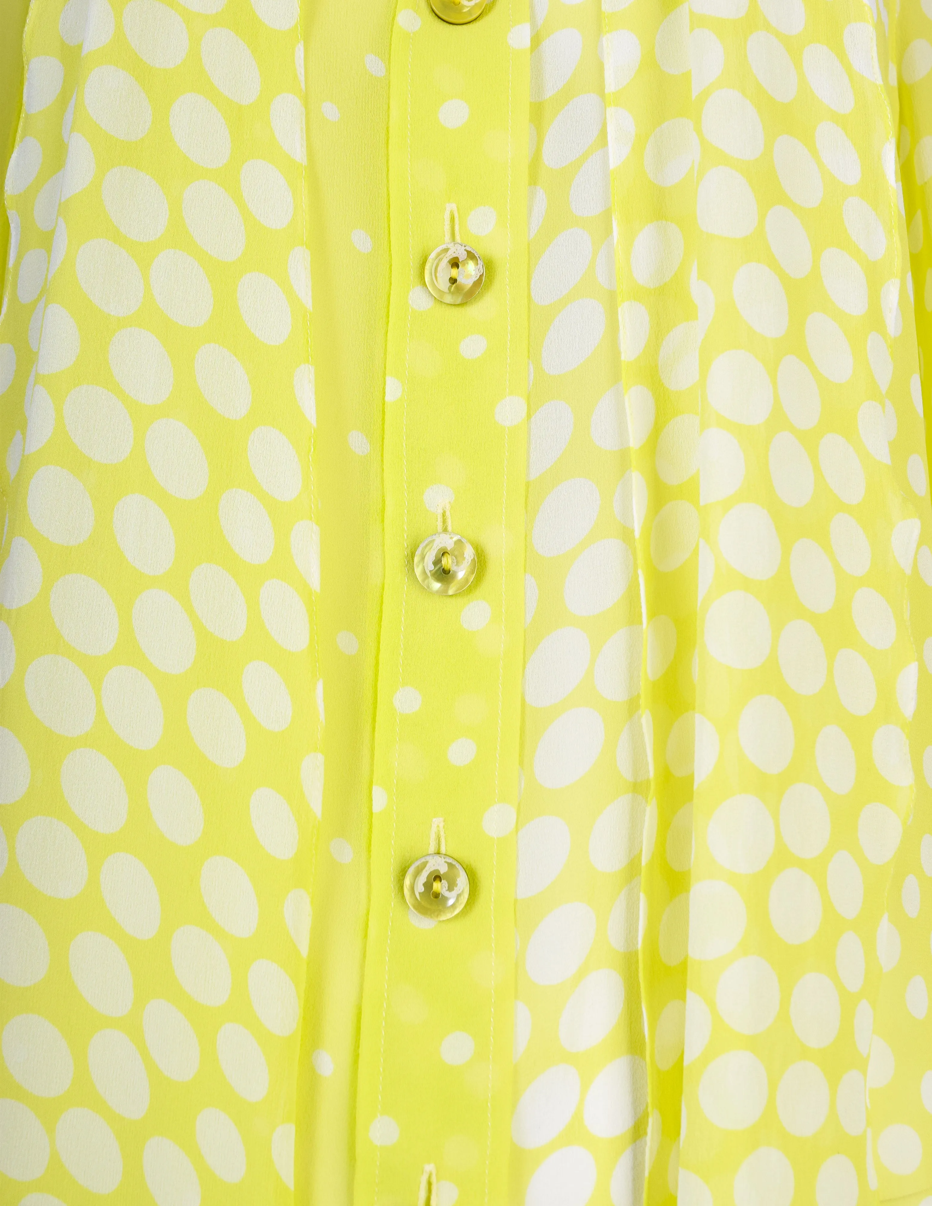 Christian Lacroix Vintage Neon Yellow-Green Polka Dot Silk Georgette Lavaliere Shirt