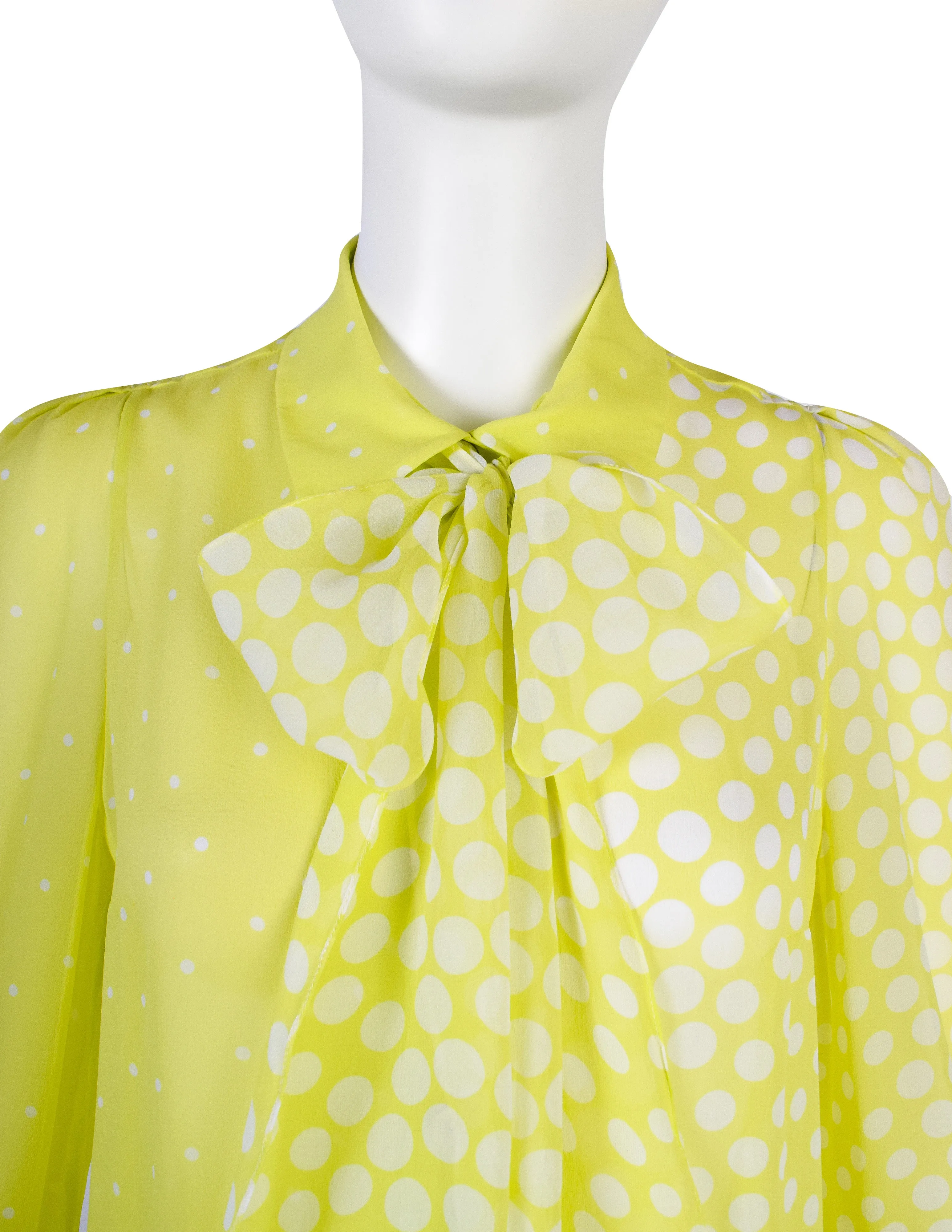 Christian Lacroix Vintage Neon Yellow-Green Polka Dot Silk Georgette Lavaliere Shirt