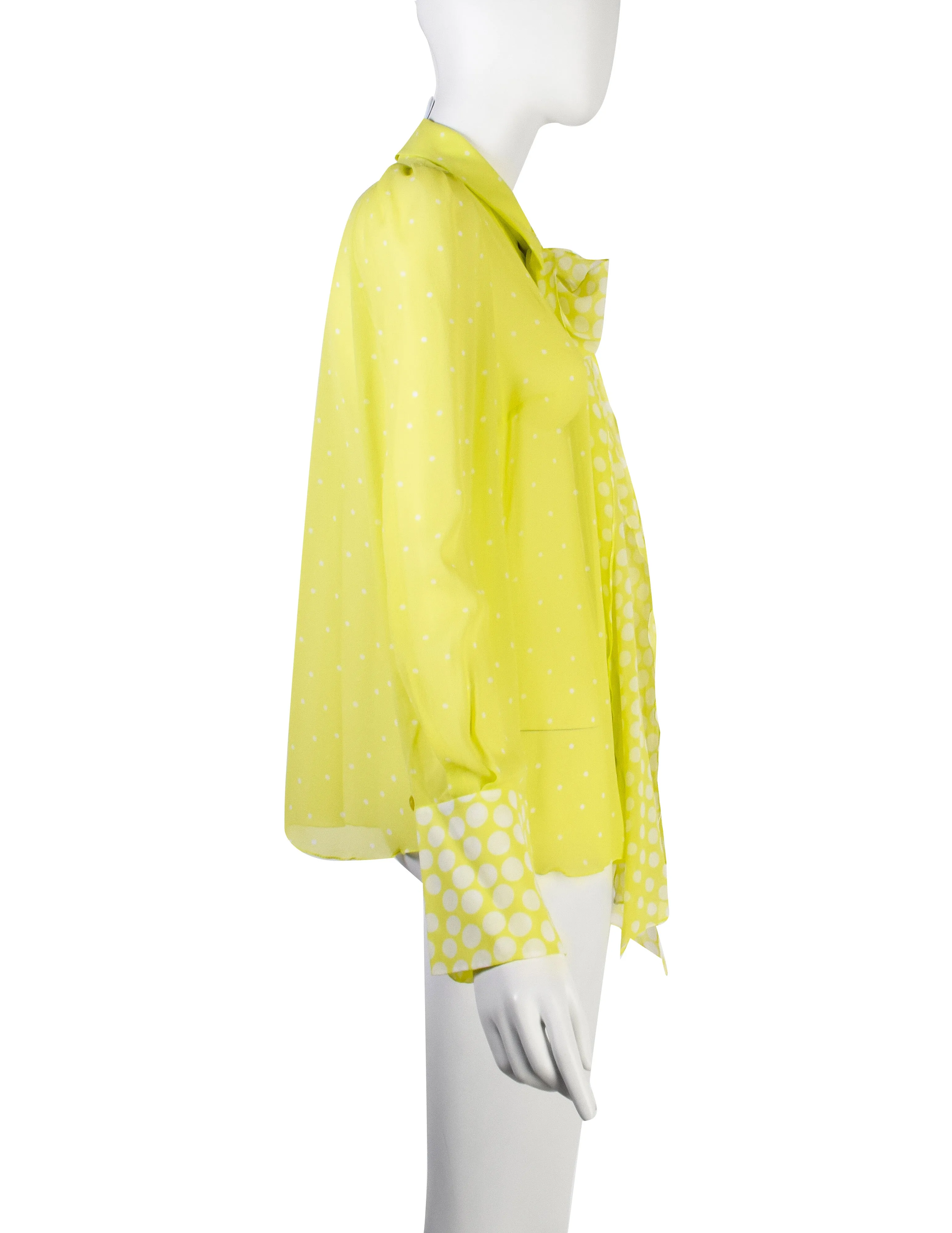 Christian Lacroix Vintage Neon Yellow-Green Polka Dot Silk Georgette Lavaliere Shirt