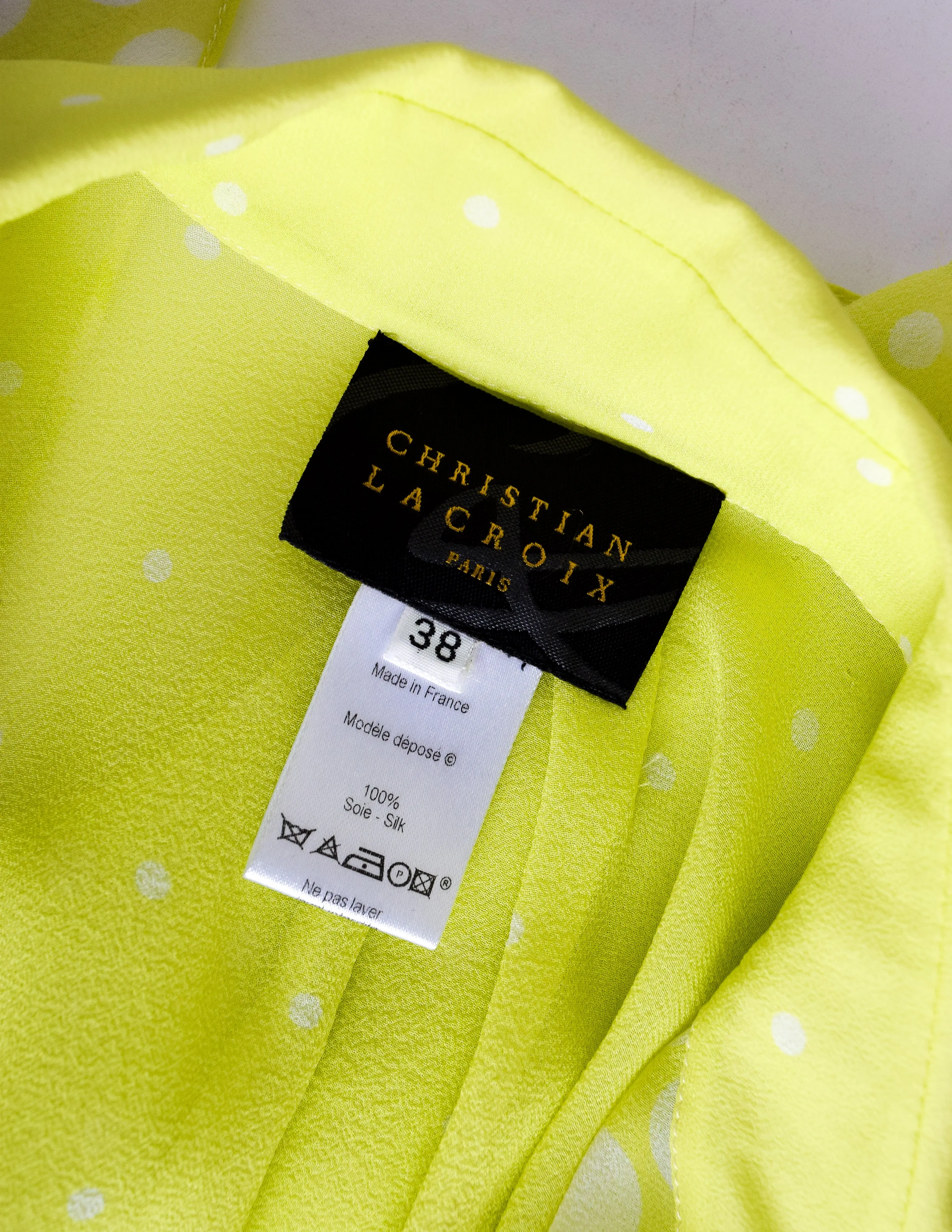 Christian Lacroix Vintage Neon Yellow-Green Polka Dot Silk Georgette Lavaliere Shirt