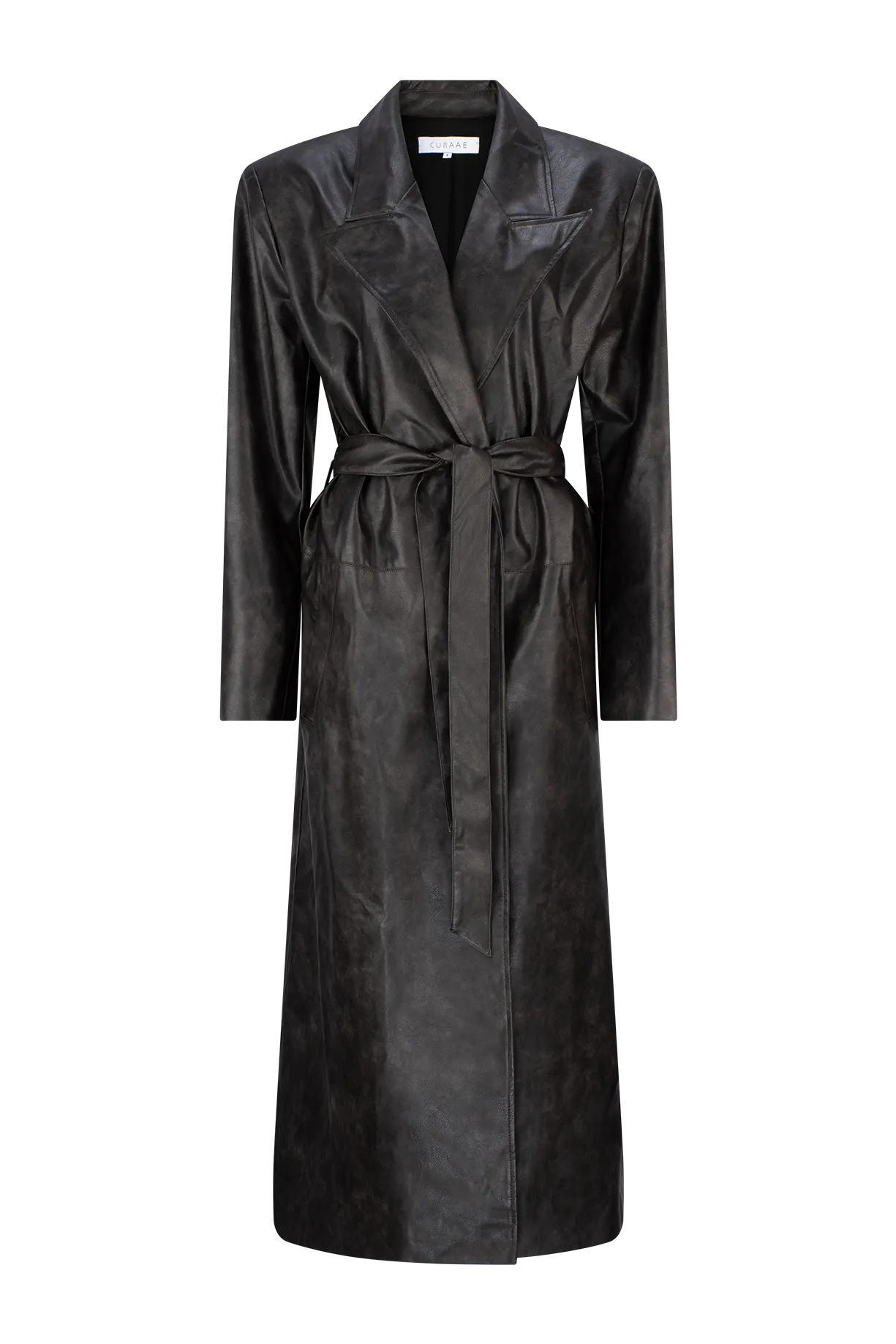 CURAAE Cameron Vegan Leather Fabric Tie Trench Coat In Chestnut