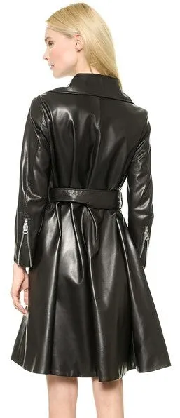 Dilo Black Leather Long Trench Coat Women Outfit with Belt