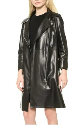 Dilo Black Leather Long Trench Coat Women Outfit with Belt
