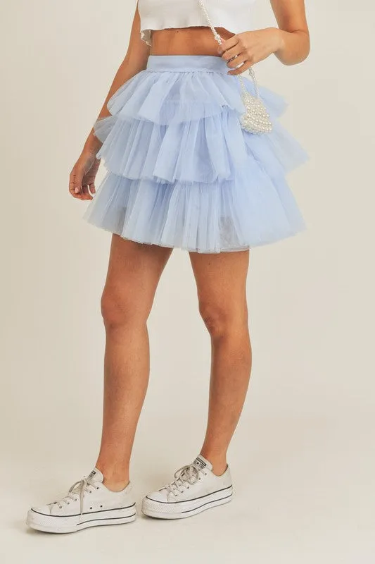 Elegant Blue Layered Ruffle Tulle Mini Skirt