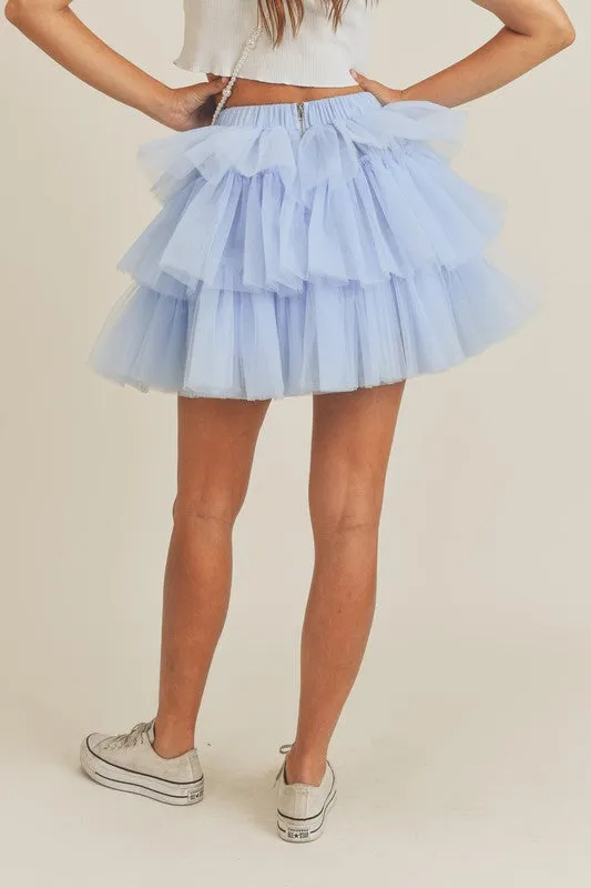 Elegant Blue Layered Ruffle Tulle Mini Skirt
