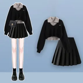 Fake Two Pieces Sweater Black Pleated Skirt