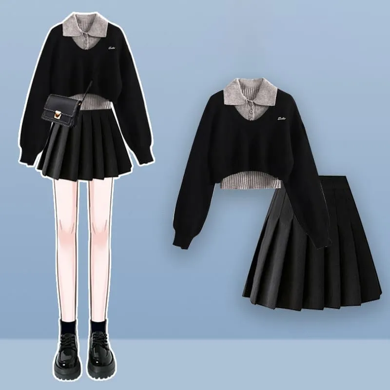 Fake Two Pieces Sweater Black Pleated Skirt