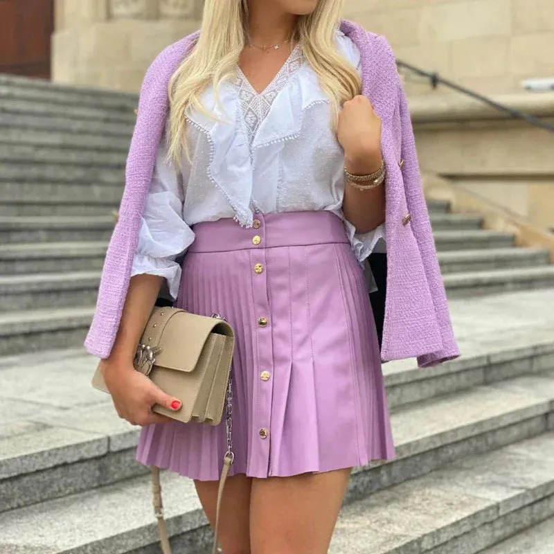 Faux Leather Mini Pleated Button Detail Skirt
