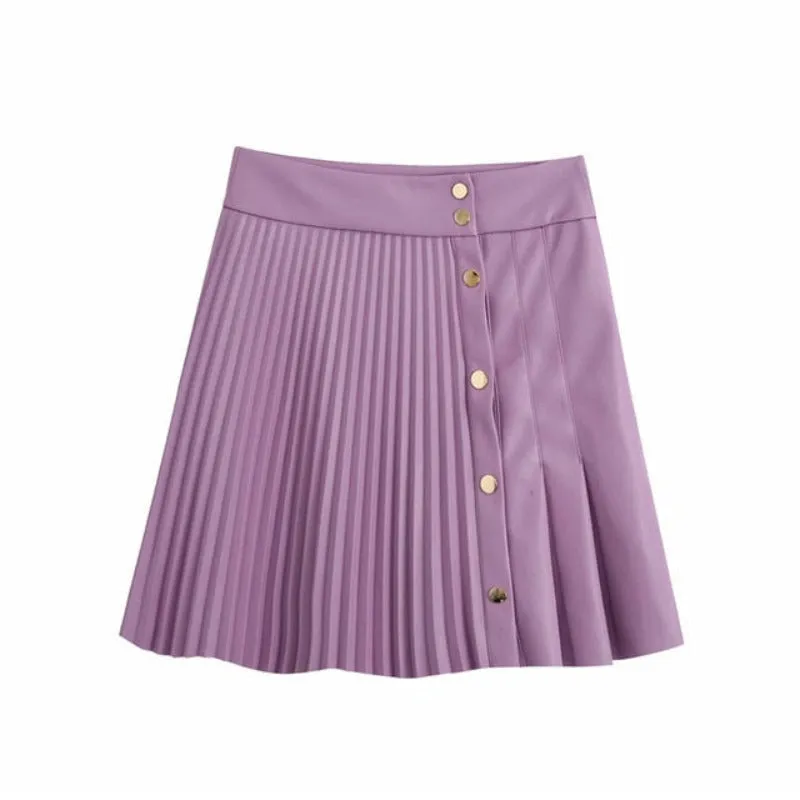 Faux Leather Mini Pleated Button Detail Skirt