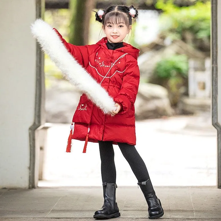 Floral Embroidery Chinese Style Girl's Wadded Coat with Fur Collar