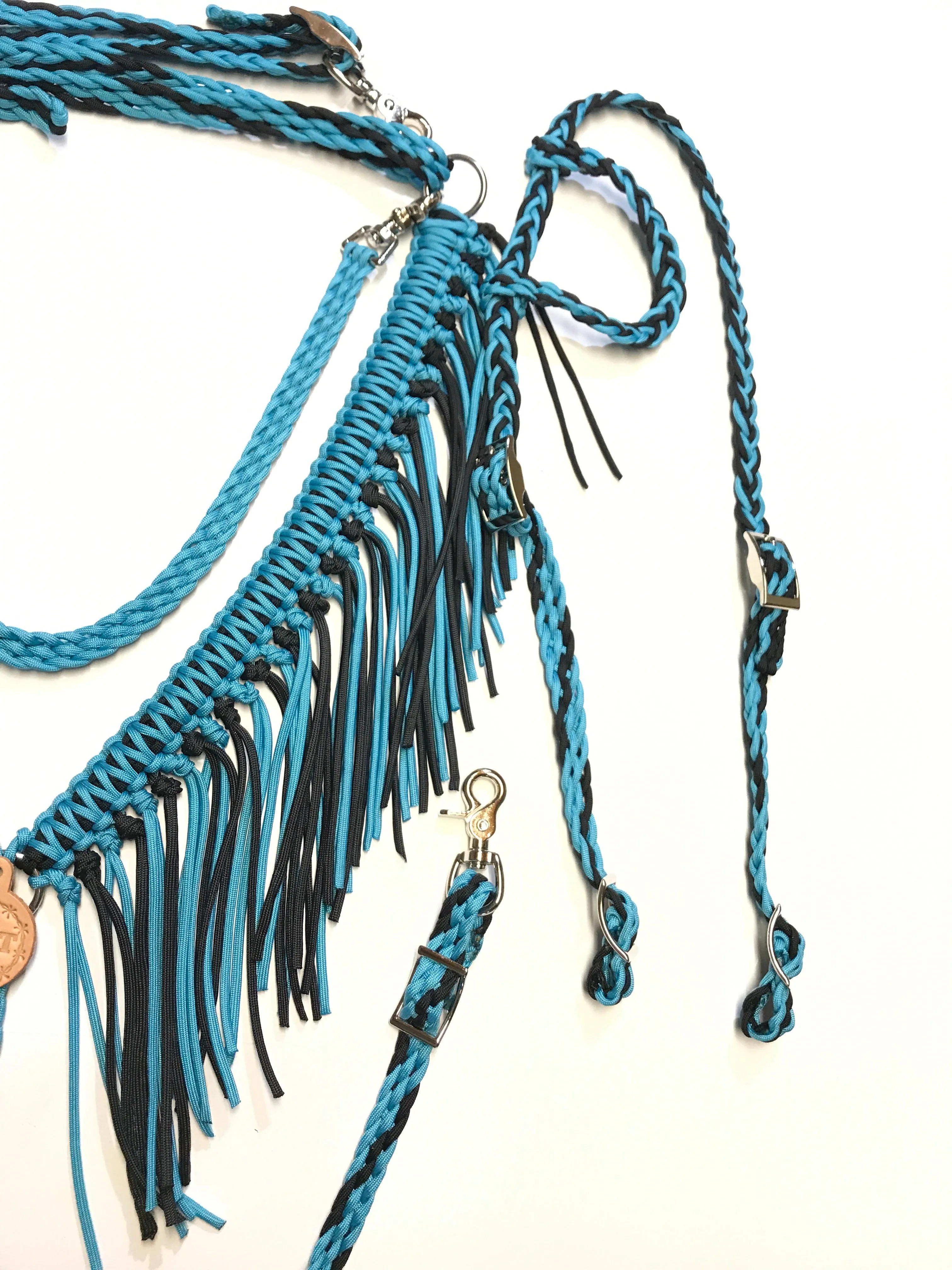 Fringe Breast Collar tack set Neon Turquoise and Black