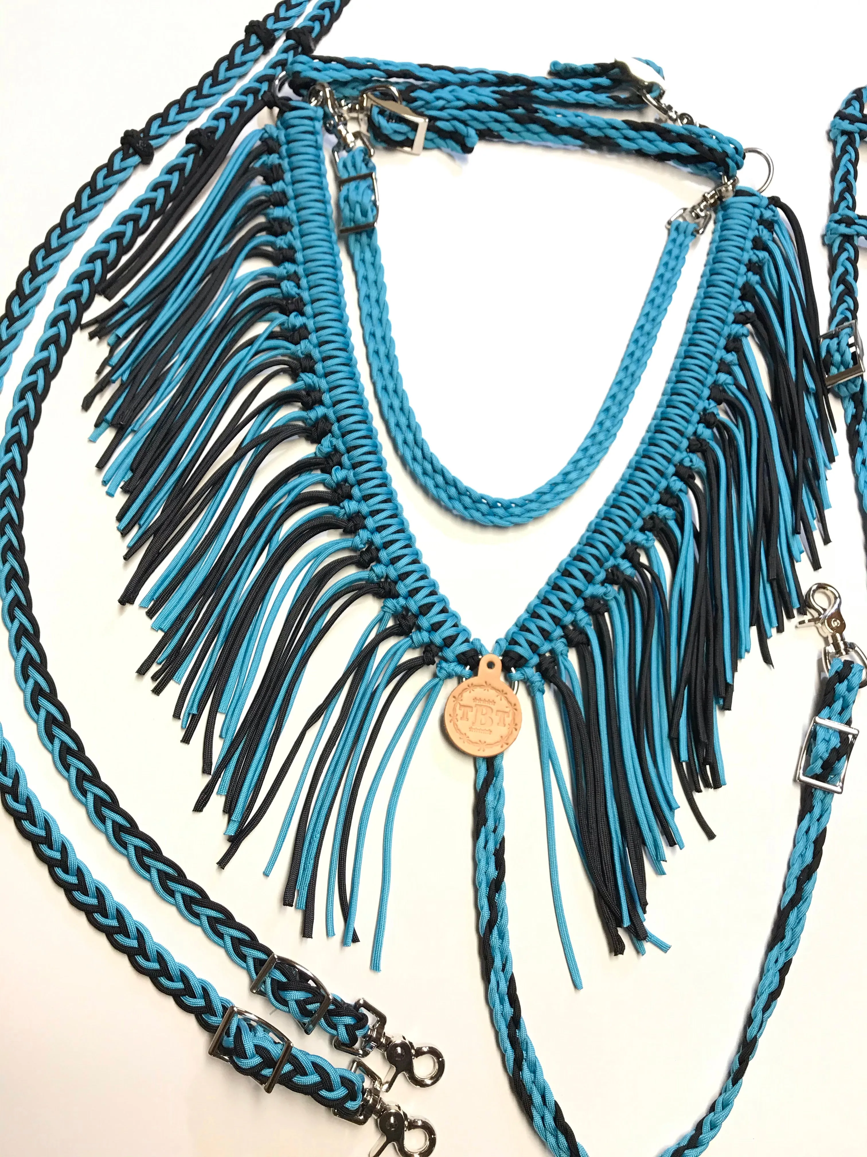 Fringe Breast Collar tack set Neon Turquoise and Black