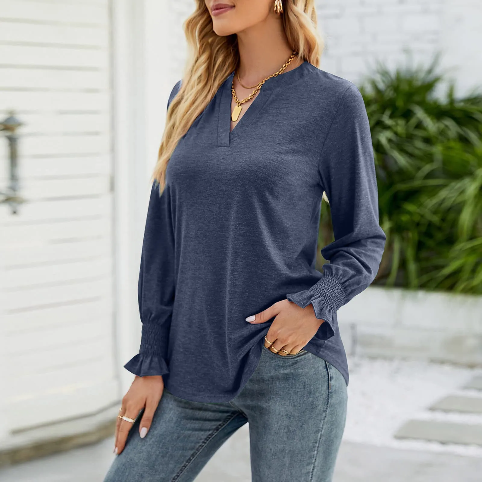Full Size Notched Long Sleeve Shirt