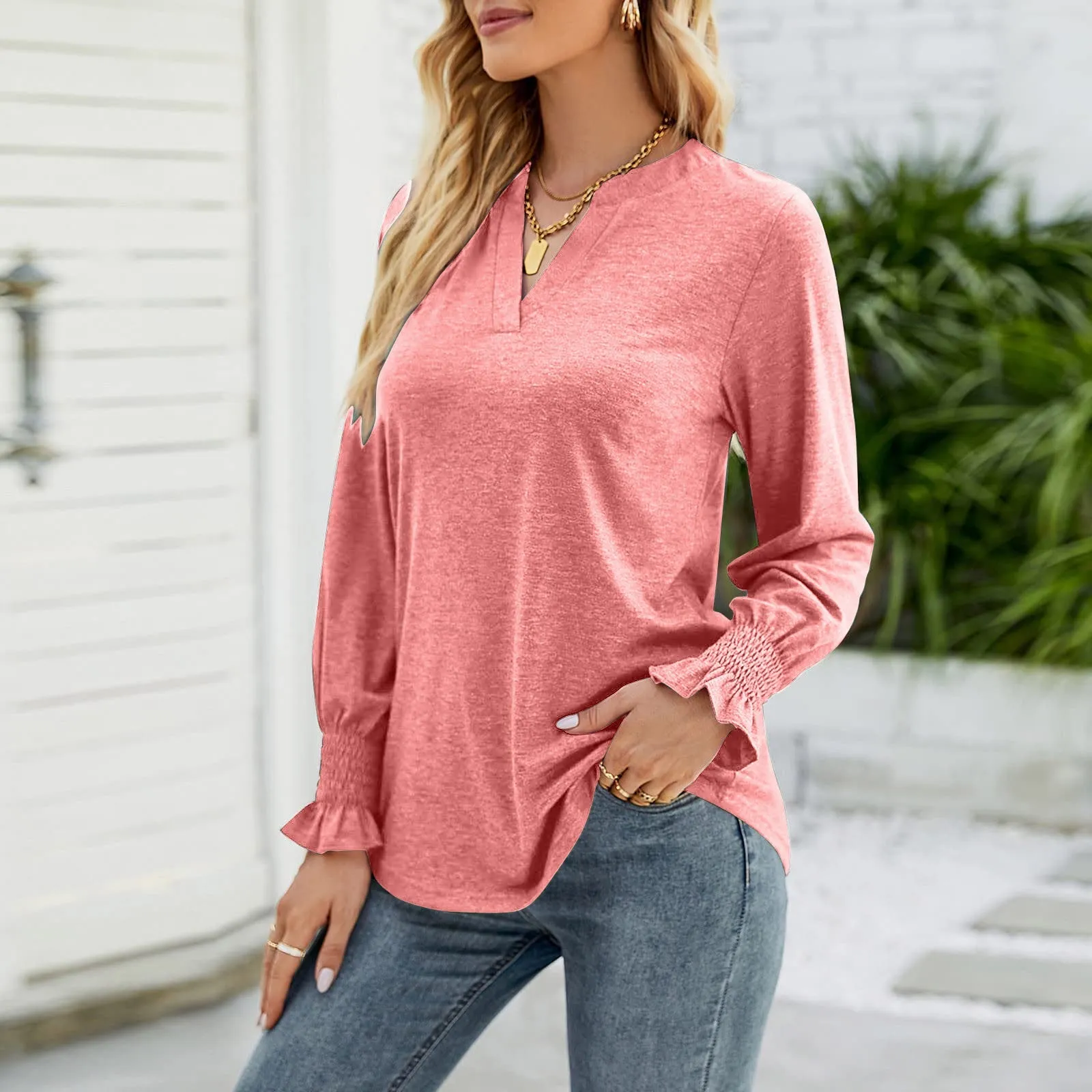 Full Size Notched Long Sleeve Shirt