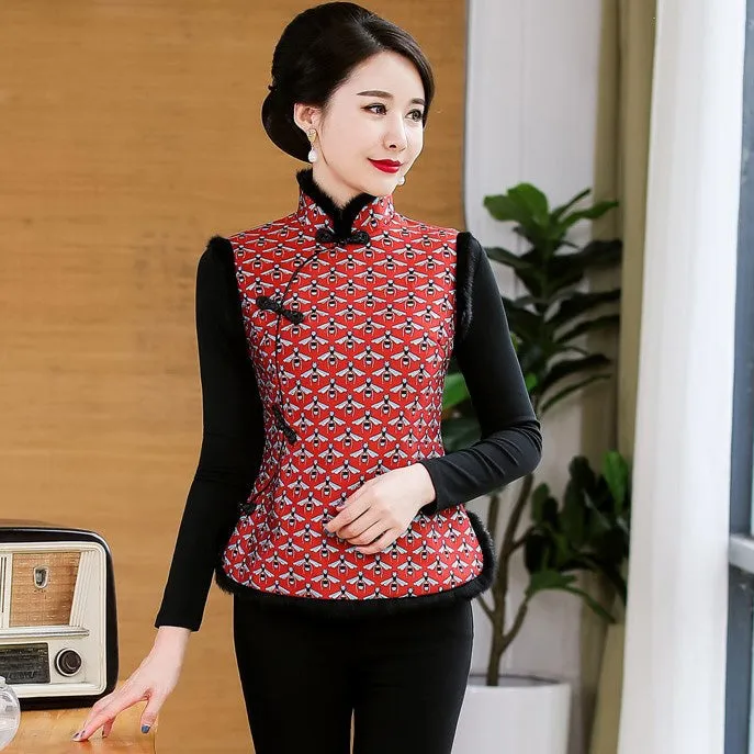 Fur Edge Brocade Cheongsam Top Traditional Wadded Chinese Waistcoat Vest