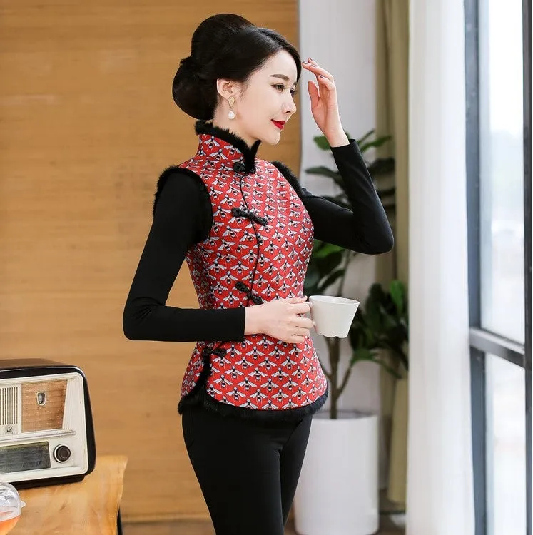Fur Edge Brocade Cheongsam Top Traditional Wadded Chinese Waistcoat Vest