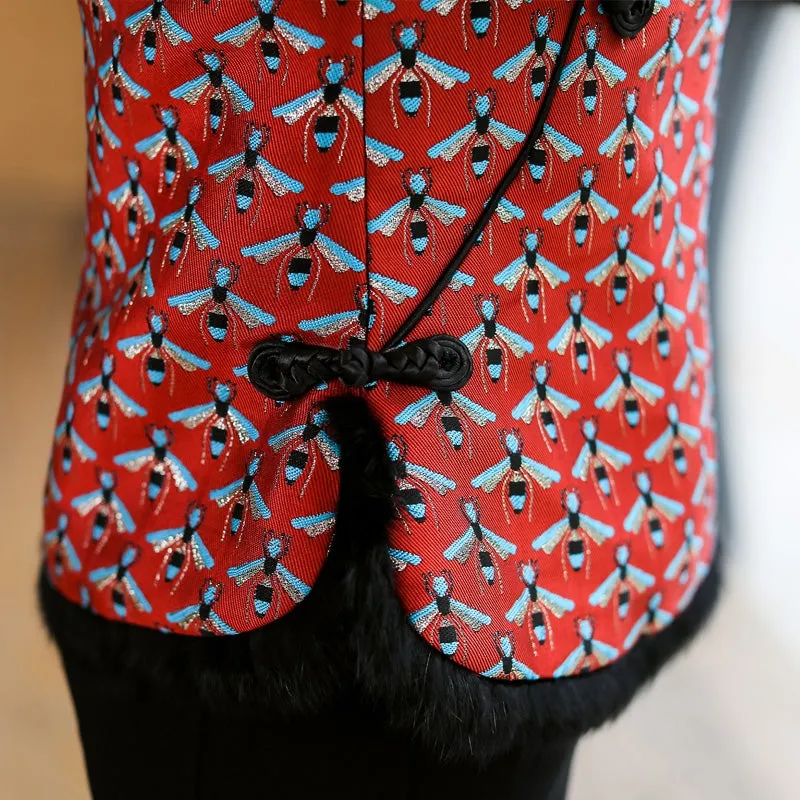 Fur Edge Brocade Cheongsam Top Traditional Wadded Chinese Waistcoat Vest