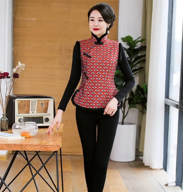 Fur Edge Brocade Cheongsam Top Traditional Wadded Chinese Waistcoat Vest
