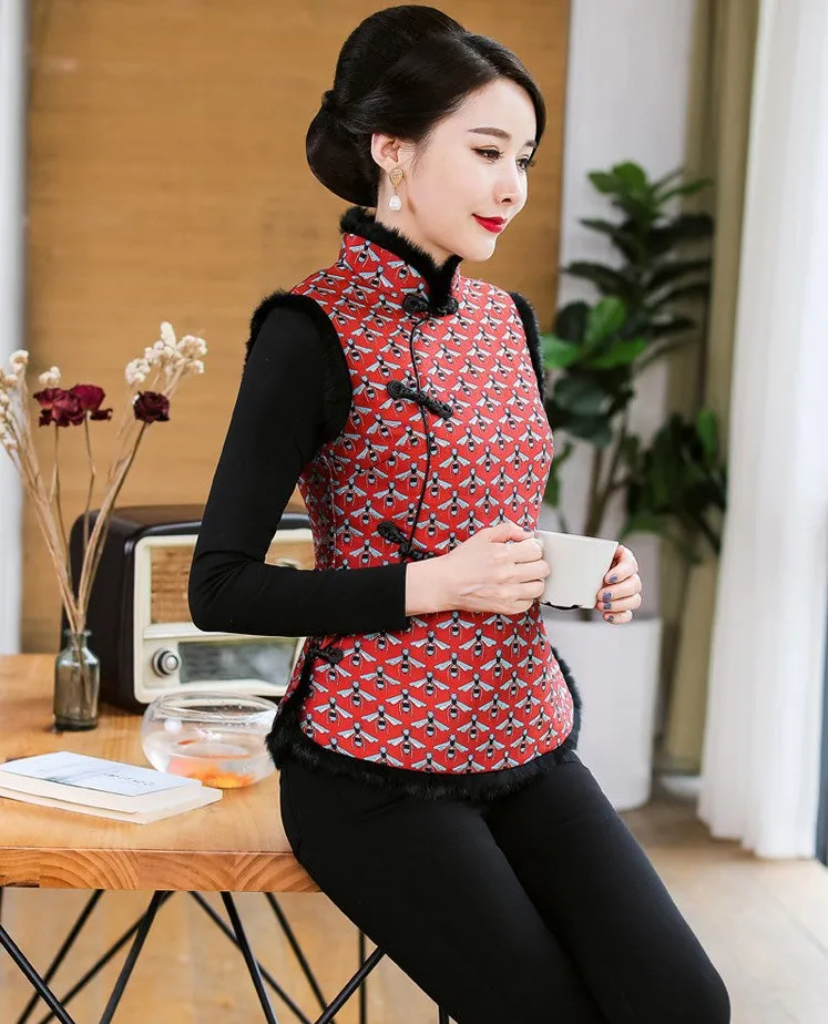 Fur Edge Brocade Cheongsam Top Traditional Wadded Chinese Waistcoat Vest