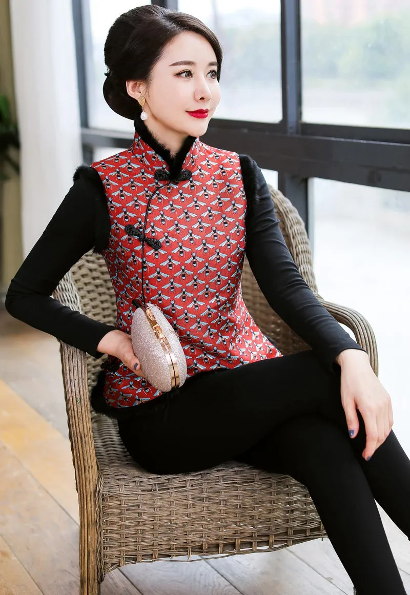 Fur Edge Brocade Cheongsam Top Traditional Wadded Chinese Waistcoat Vest